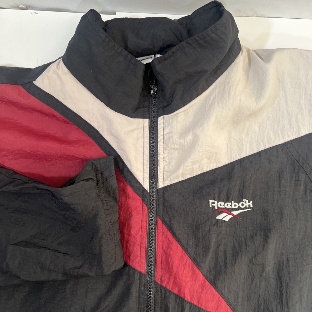 Vintage Reebok Windbreaker Jacket Black‎ Maroon White Colorblock Men's Large Y2K